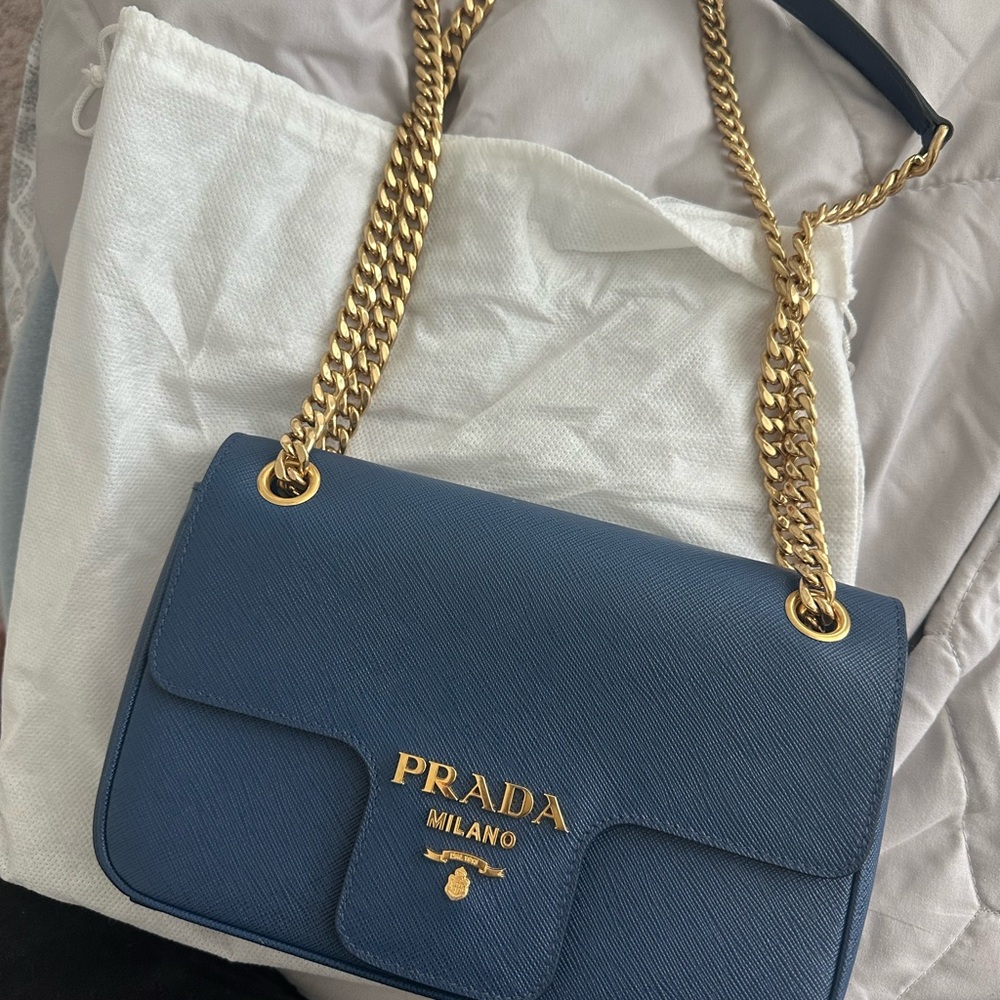 Prada Navy Leather Shoulder Bag with Gold Chain
